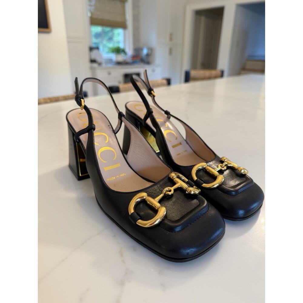 GUCCI Baby Horsebit Slingback Leather Pump Black Gold EU 35 1/2 Authentic Shoes